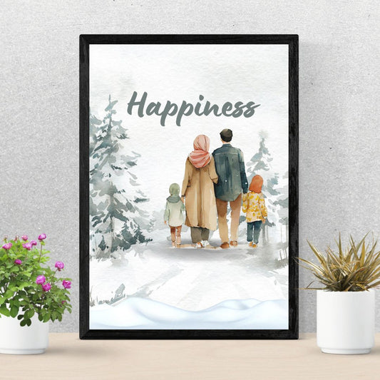 Islamic Family Wall Art - Winter Scene | Happiness Quote | Home Decor